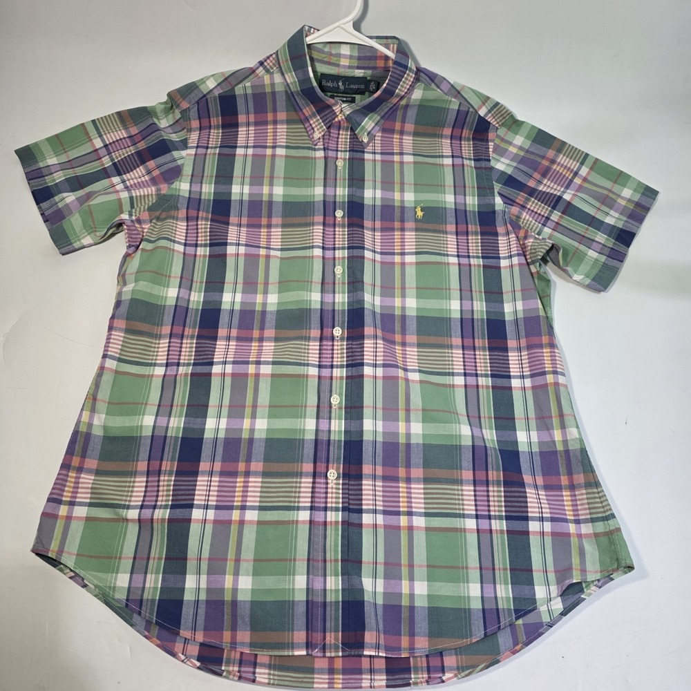 Vintage Ralph Lauren Button Down Shirt Short Sleeve Green Plaid Mens 100% Cotton